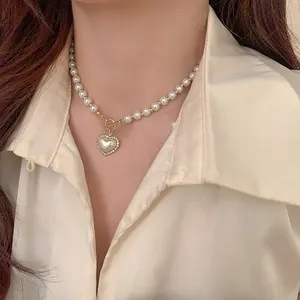 White imitation pearl bead necklace women crystal stone heart pendant Cute Girl Jewelry necklace collier femme 8 Main Sales Necklace Heart - №8