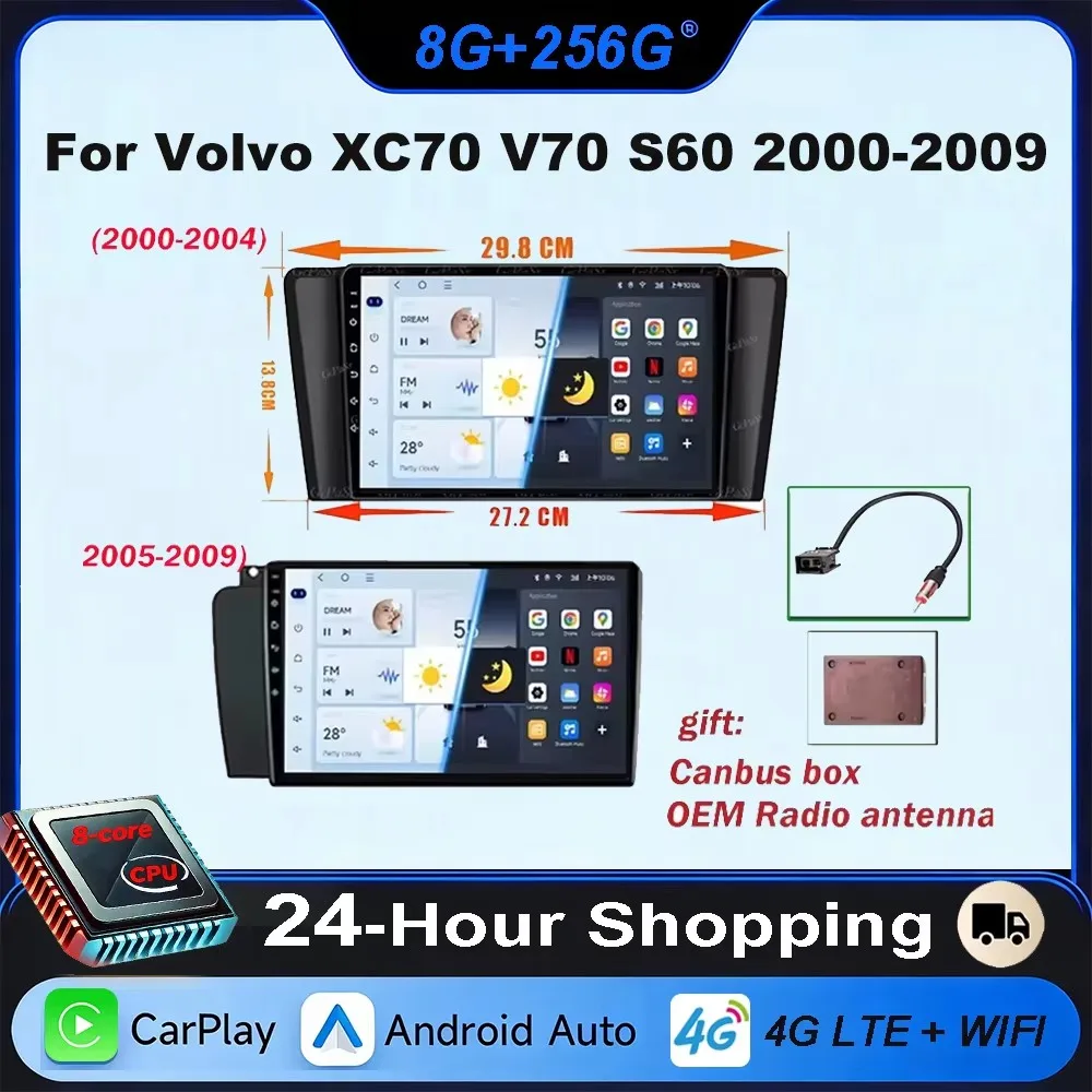 Radio para Auto, Radio para Volvo XC70 V70 S60 2000-2009, Android Auto, CarPlay, Reproductor Multimedia para Auto, Estéreo, DSP, 4G+WIFI, Pantalla, DVD
