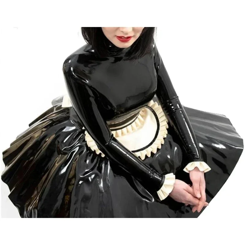 Sexy French Maid Latex Dress with Ruffs Cuffs on Apron Zipper at Back Rubber Uniform Bodycon Playsuit