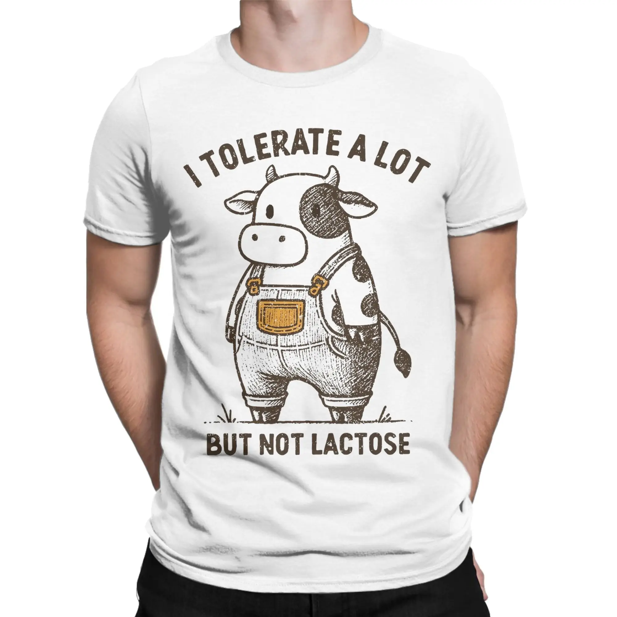 I Tolerate A Lot But Not Lactose Funny Cute Cow Meme  T-Shirts Men  100% Cotton Tee Shirt Short Sleeve T Shirts Summer Clothes