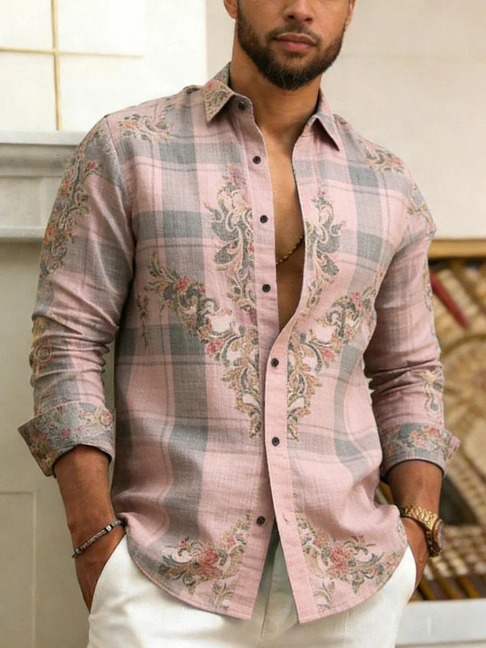 

2026 Men's Long Sleeve French Pattern HD Symmetrical Print Shirt Designer Shirt Hawaii Business Social Party Men's Fast Shipping