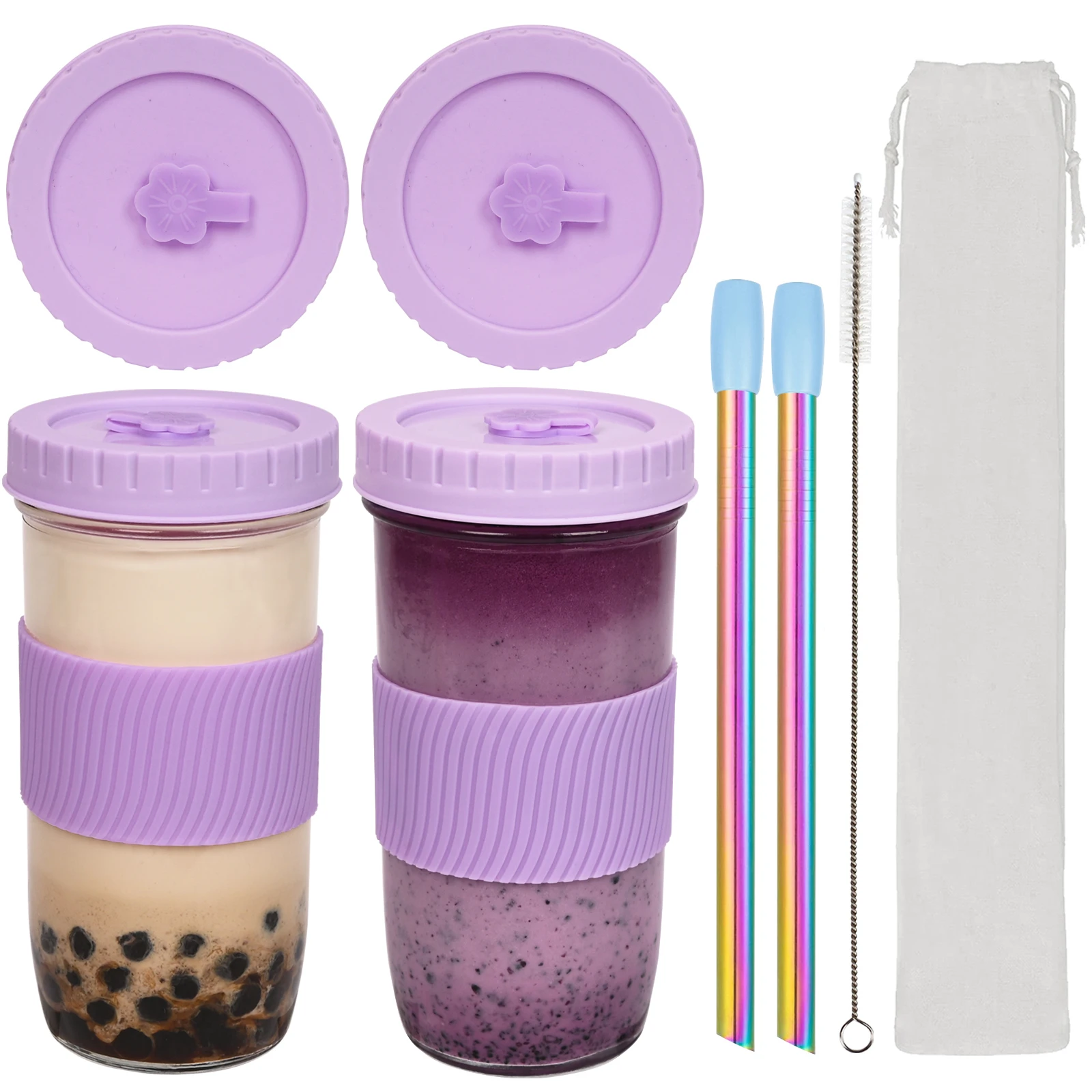 Reusable Smoothie Cups,Boba Tea Cups with Lid and Straw,Bubble Tea Cup,Glass Tumbler,Travel Mug,Wide Mouth Mason Jar 2 Pack