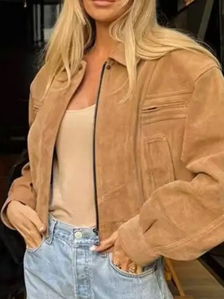 

2025 Women's American Retro Khaki Faux Leather Suede Bomber Jackets Lady Chic Trendy Cool Motor Biker Oversized Baseball Coats
