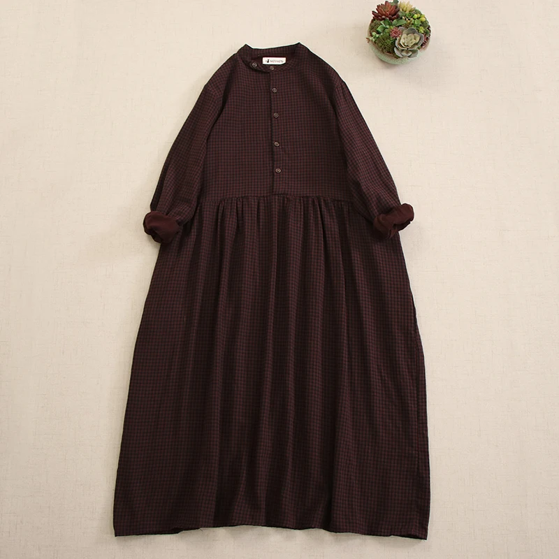 Nuevo otoño japonés Mori Girl Vintage vestido de algodón a cuadros mujeres medio abierto cuello manga larga Casual suelta vestidos camiseros largos