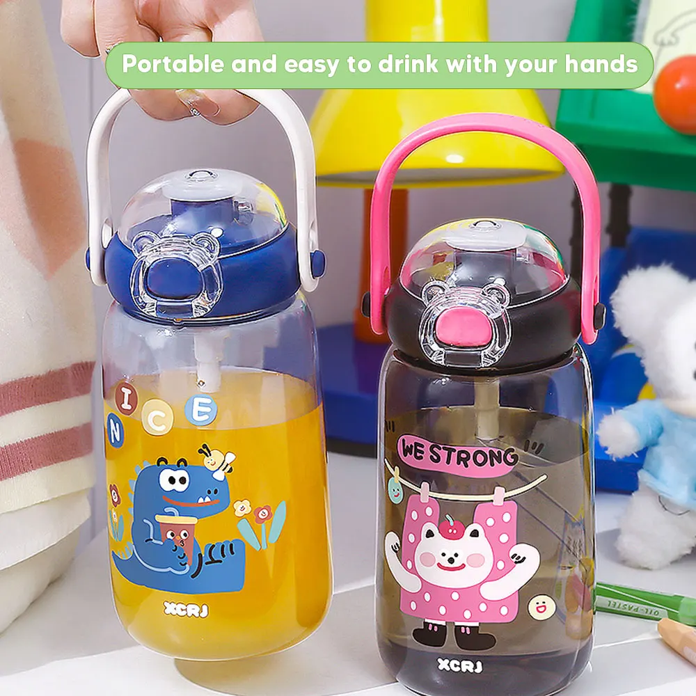 640ML Cute Kids Water Bottle With Straw Handle Plastic Water Cup Portable Cartoon Kettle For Outdoor Travel Children Cup