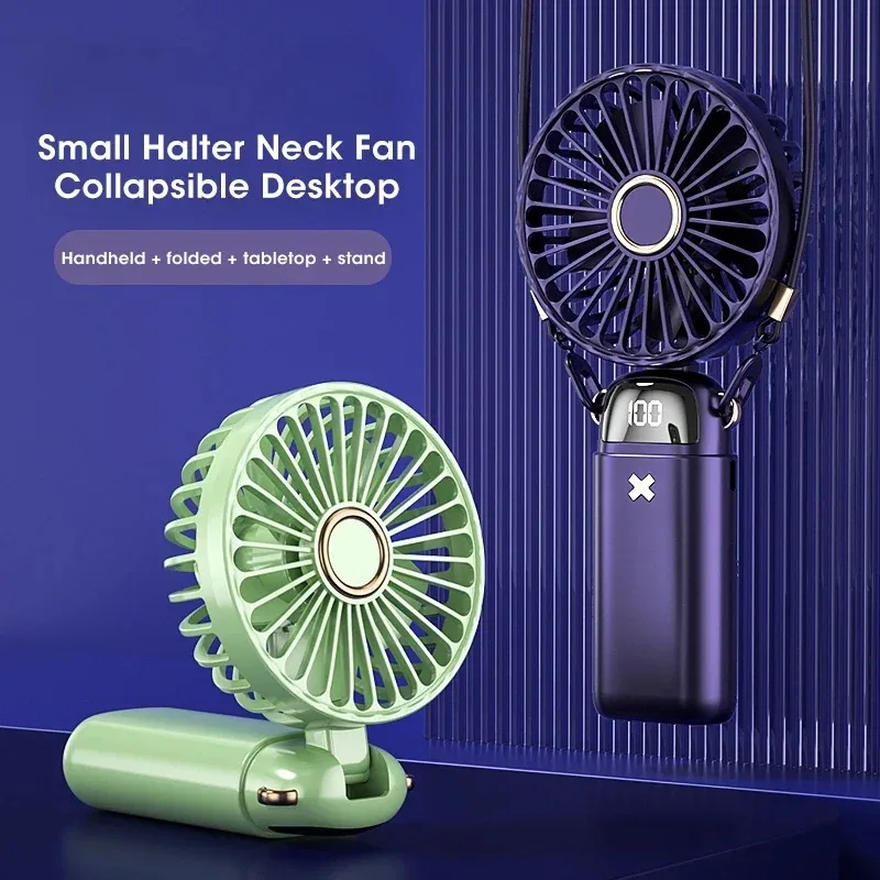 Neck Fan 5-Speed Mini Foldable Portable USB Rechargeable Handheld Hanging with Phone Stand LED Display