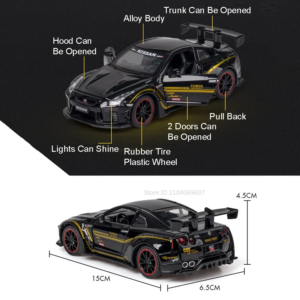 Scala 1:32 pressofuso in lega GTR R35 modello di auto giocattoli 4 porte aperte tirare indietro decorazione della casa veicoli da corsa per la collezione regalo per bambini