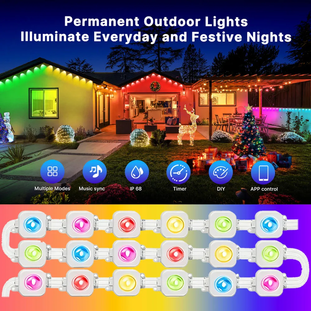 Permanent Outdoor Lights RGB Eaves Light DIY Scene Modes IP67 Waterproof for House Roof Outdoor Patio Deck Backyard Garden