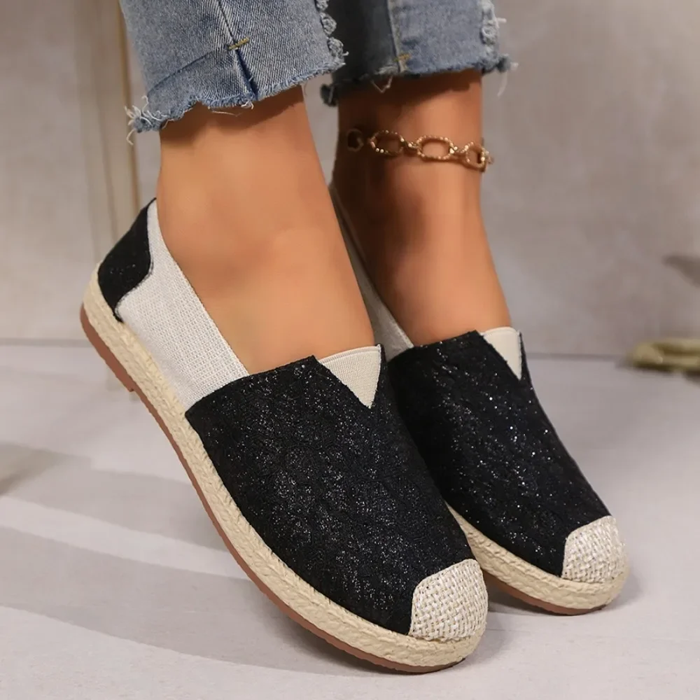 Women Glitter Espadrille Flats Color Block Slip On Shoes Ladies Round Toe Breathable Linen Casual Walking Shoes