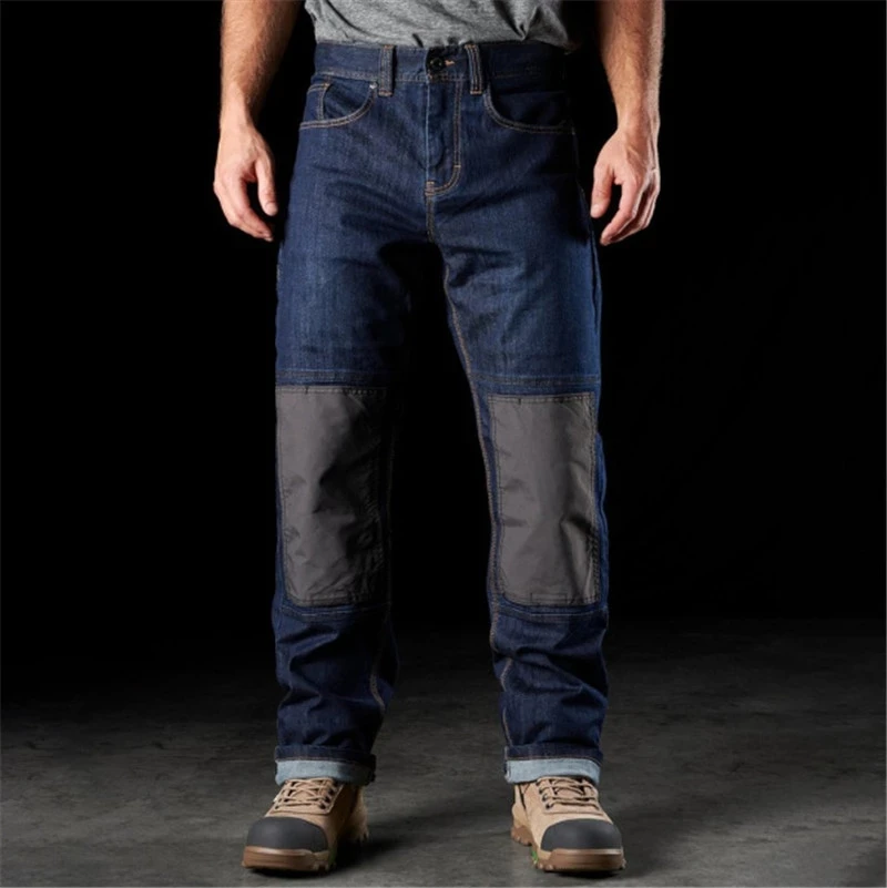 

Men Tactical Cargo Jeans Patchwork Multi-Pockets Elastic Denim Trousers Fashion Straight Fit Baggy Jeans Spring Fall Blue Pants