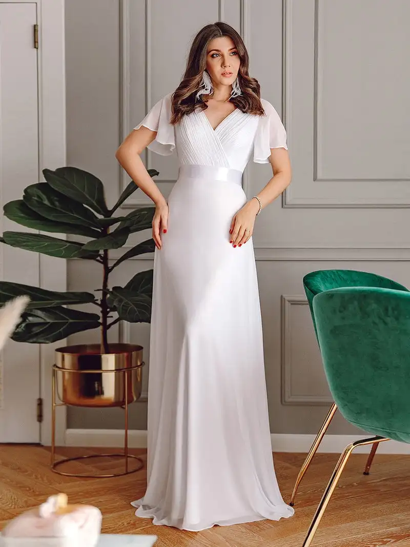 Vestido de noche elegante Glamorous Doble cuello en V Volantes Acolchado 2025 Ever Pretty of White Vestidos de dama de honor con dobladillo alto y bajo