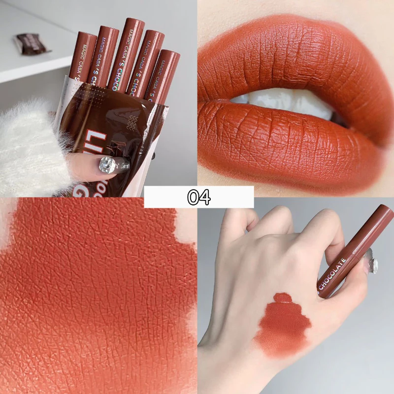 5Pcs/Set Chocolate Color Lip Glaze Tint Velvet Matte Lipstick Korean Cosmetics Long-lasting Lip Gloss Lipstick Milk Coffee Color