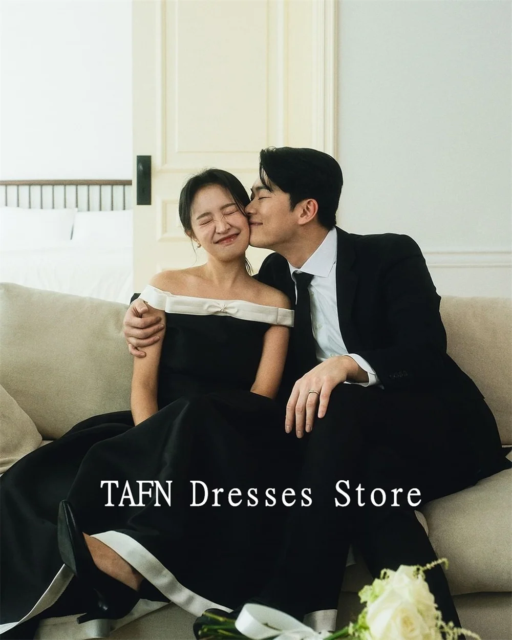 TAFN Ankle-Length Black Evening Party Dresses Boat Neck Off the Shoulder  Draped Satin Korea Wedding Shoot Dress Customized