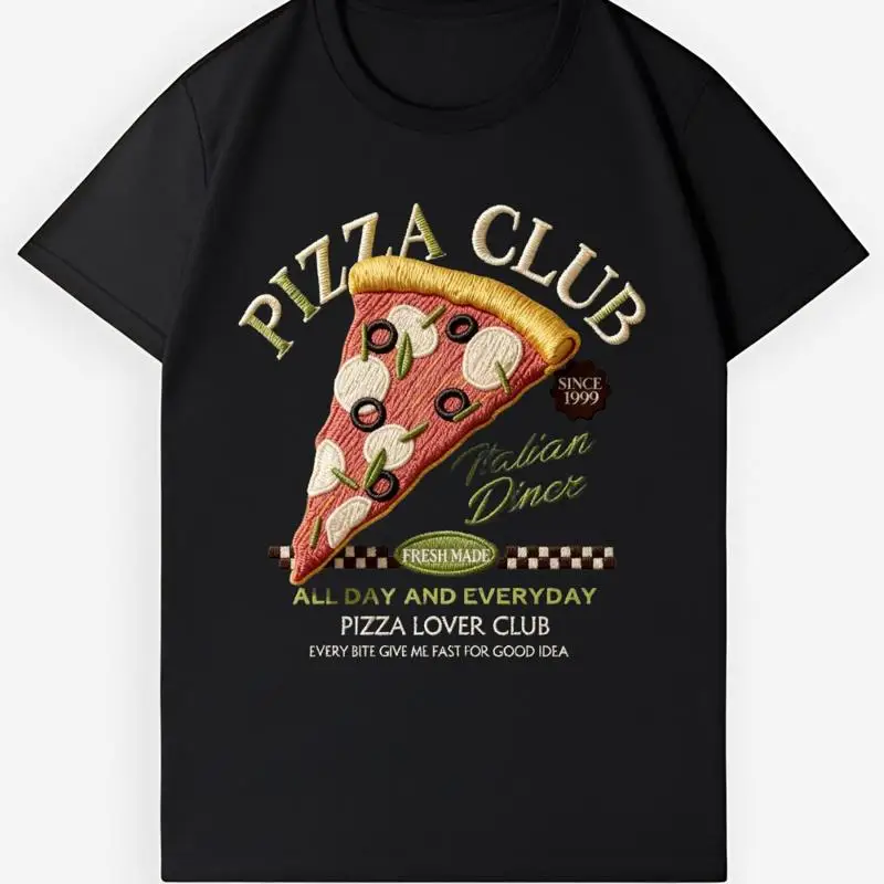 Pizza Club Print T-Shirt Vintage Italian Diner Pizza Lover Tee for Foodies