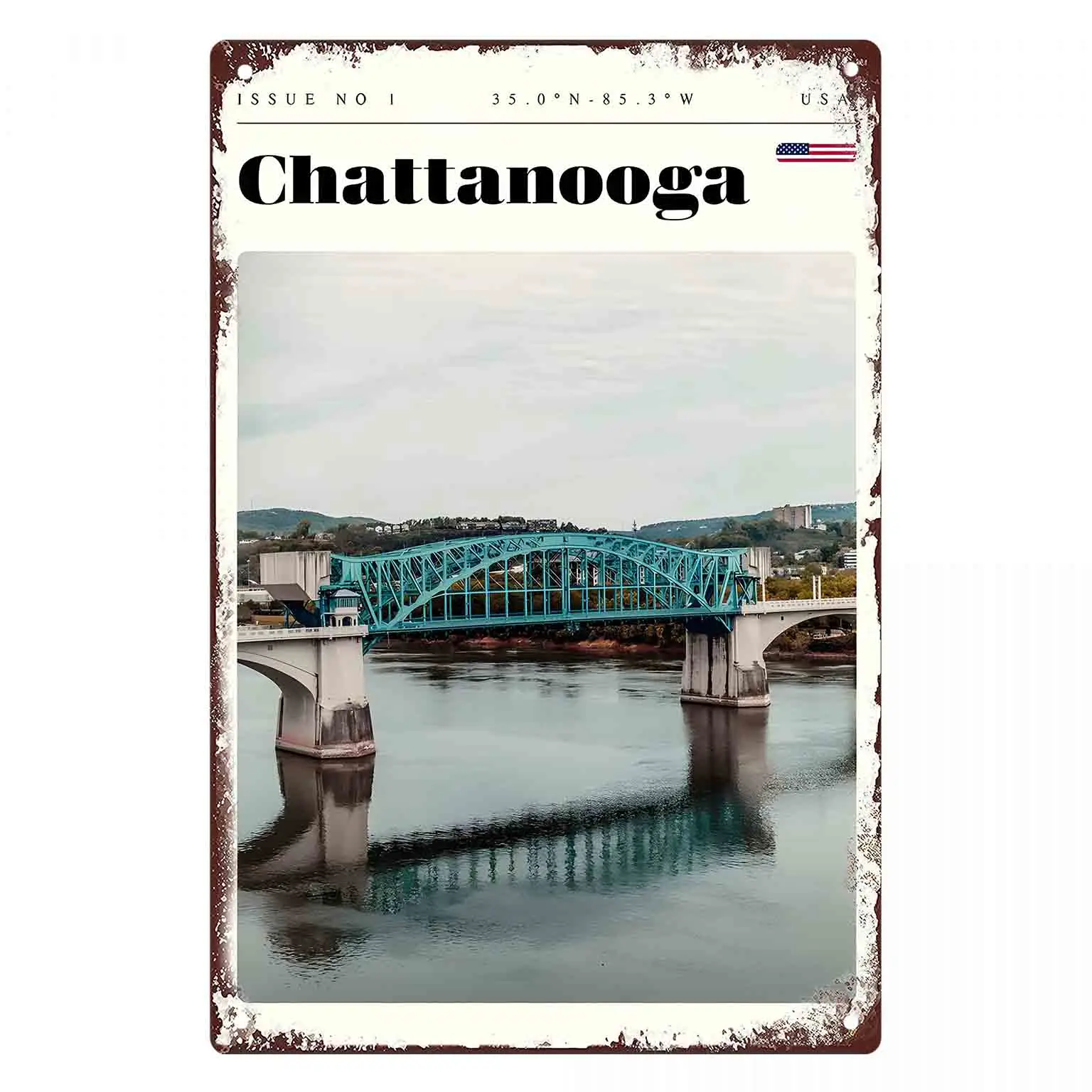 2D FLAT 1pc Chattanooga Bridge River View Metal Wall Sign Decoration for Home Cafe Garage Bedroom Porch And Garden