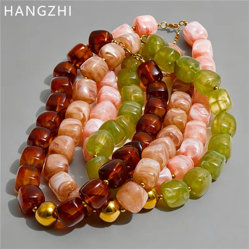 HangZhi Summer Bohemian Irregular Resin Square Bead Necklace Transparent Green Brown Block Handmade Beach Vacation Jewelry