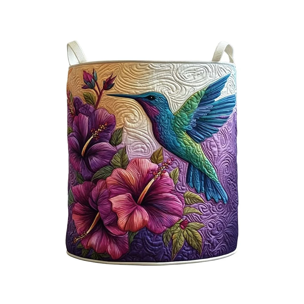 Hummingbird Hibiscus Quilted Laundry Basket Purple Floral Round Hamper with Handles Foldable Storage Bin for Bedroom Home Decor