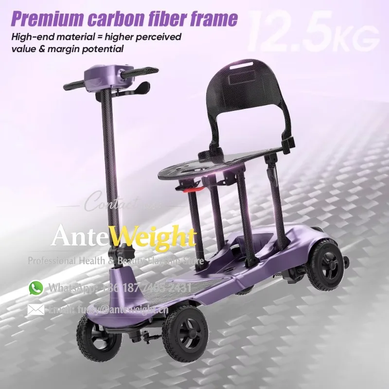 Ultra Light 12.5kg Carbon Fiber Mobility Scooter Portable Folding Travel Scooter Long Battery Life for Seniors Daily Outdoor Use