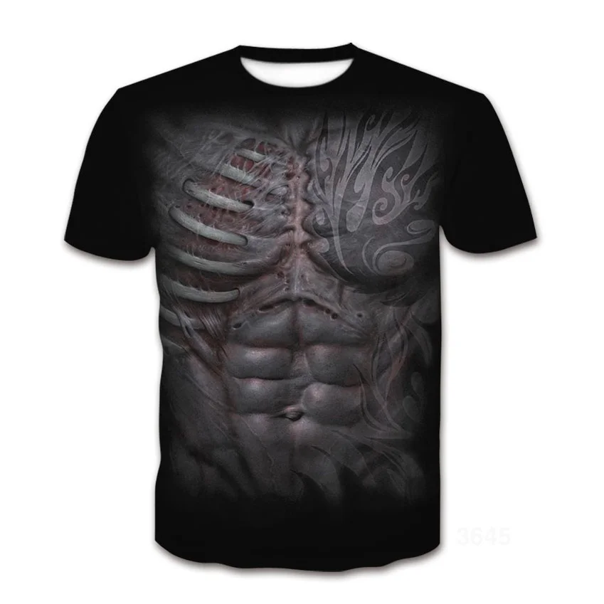 Camiseta con estampado 3D de tatuaje tribal de costillas musculares de seis pack de seres inmortales de terror, top gótico oscuro con gráfico de esqueleto, camiseta genial de manga corta