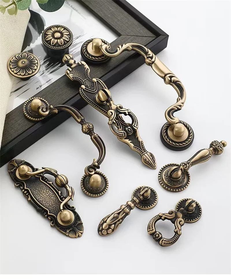 Full Copper Furnitue Handle Drawer Door Knob American Retro French Wardrobe Cupboard Cabinet Door Handles Hardware Pulls HomeDiy