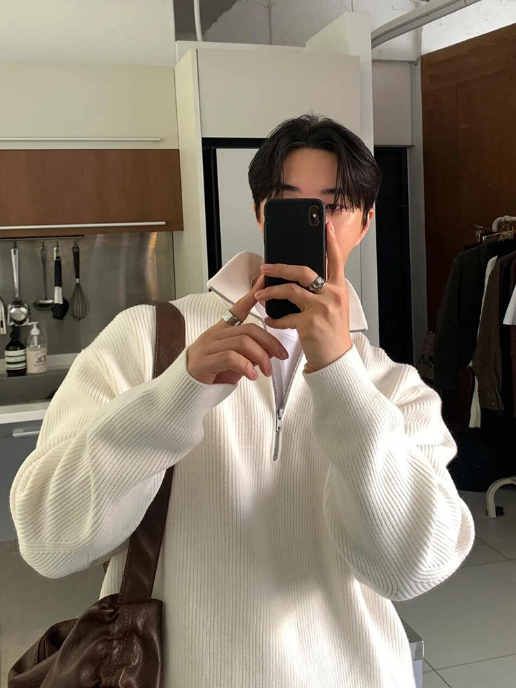 

Мужской трикотаж с высоким воротником, бежевый свитер на молнии, ленивый слэ, осень-зима, корейская система, повседневная свободная посадка, удобная мягкая