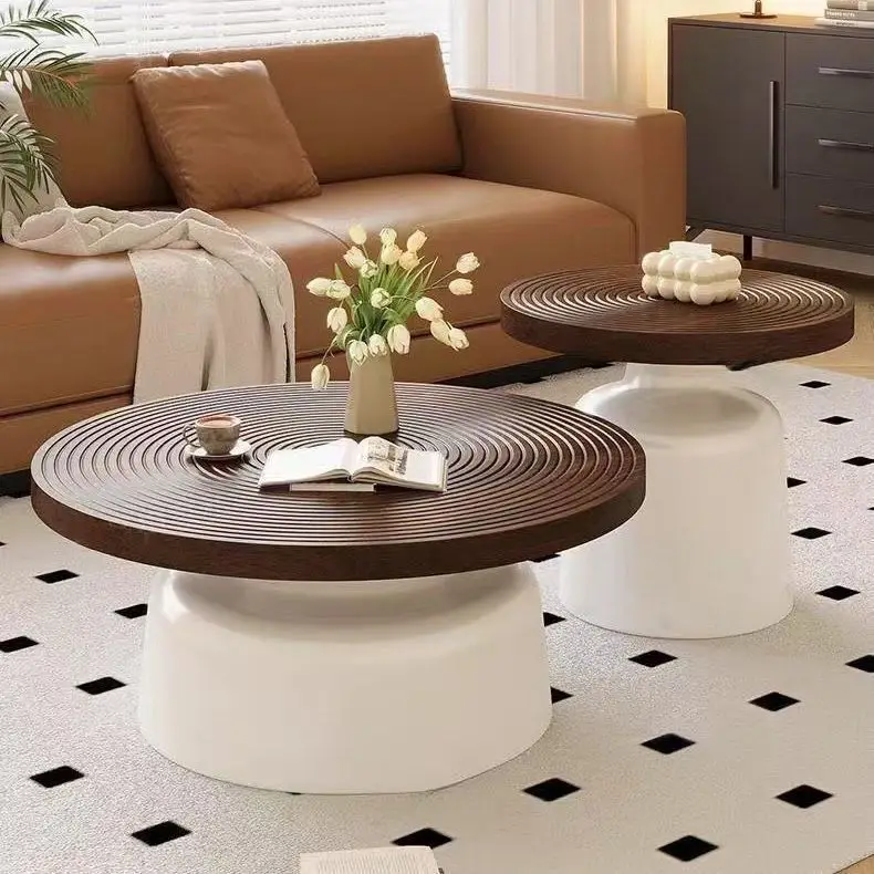 Round coffee table living room household small apartment high-end imitation solid wood carbon steel tea table apartment bed
