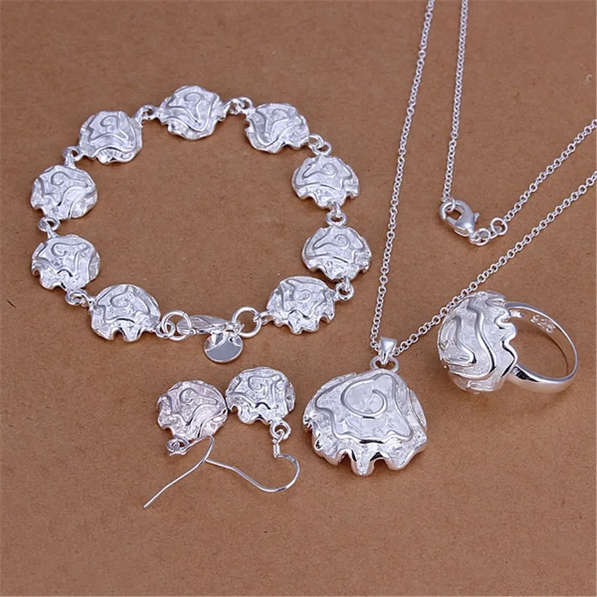 

Hot New 925 Sterling Silver Jewelry Set Fine Rose Flower Pendant Rings Bracelets Necklace Earring for Women Party Gift