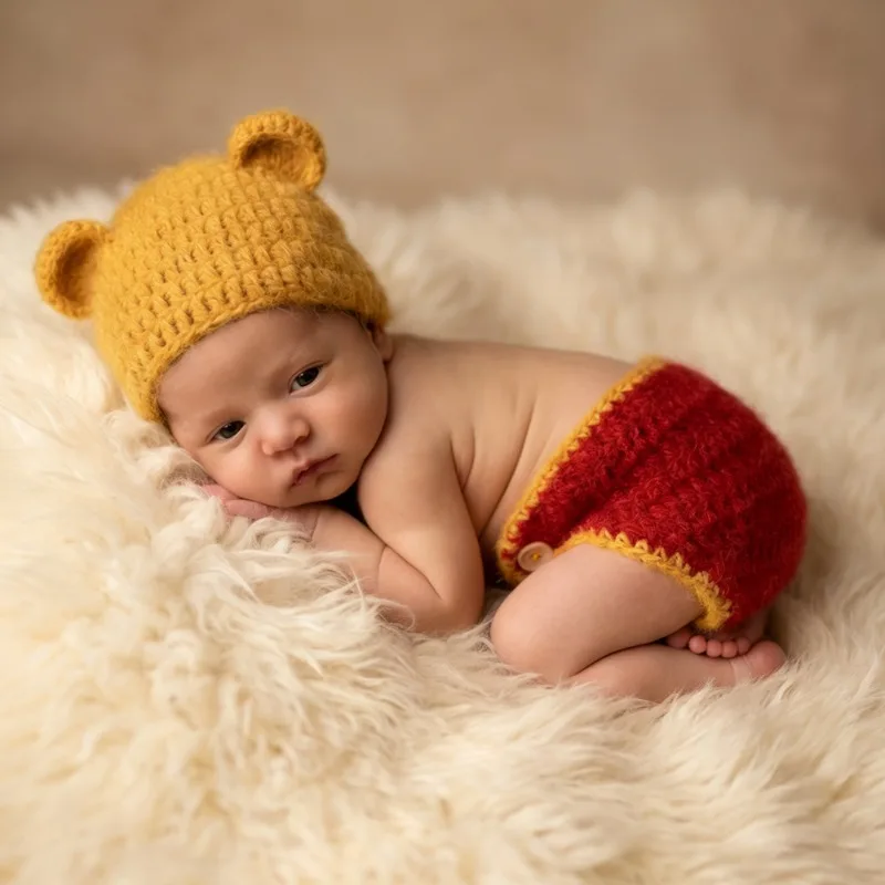 Newborn Photography Props Crochet Yellow Bear Ear Hat Red Shorts Set Baby Boy Outfit for Infant Studio Photo Shoot Accessories