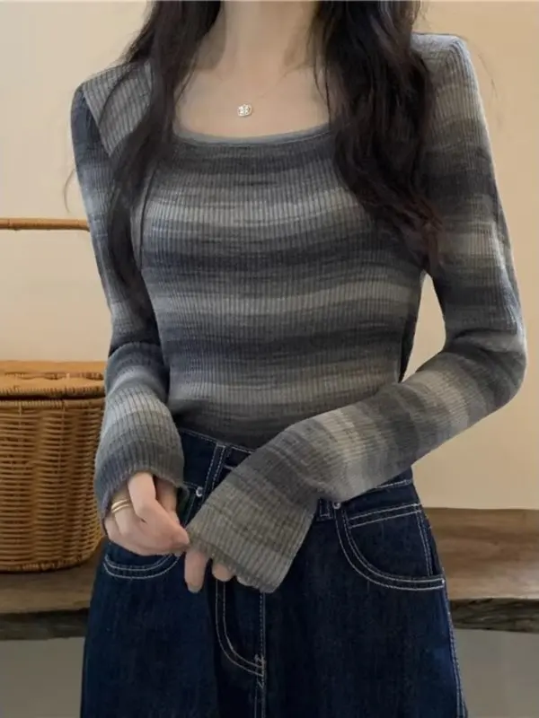 

Women's Slim Fit ort Sve Knitted Sweater Winter 2025 Square Collar Striped Base Layer Top Sweet And Spicy Sle