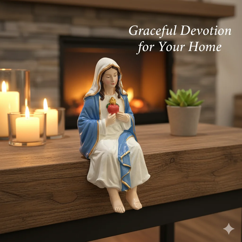 Virgin Marys Resin Statue Sacred Heart Sitting Figurine Catholic Home Altar Desk Decor Religious Sculpture Spiritual Gift