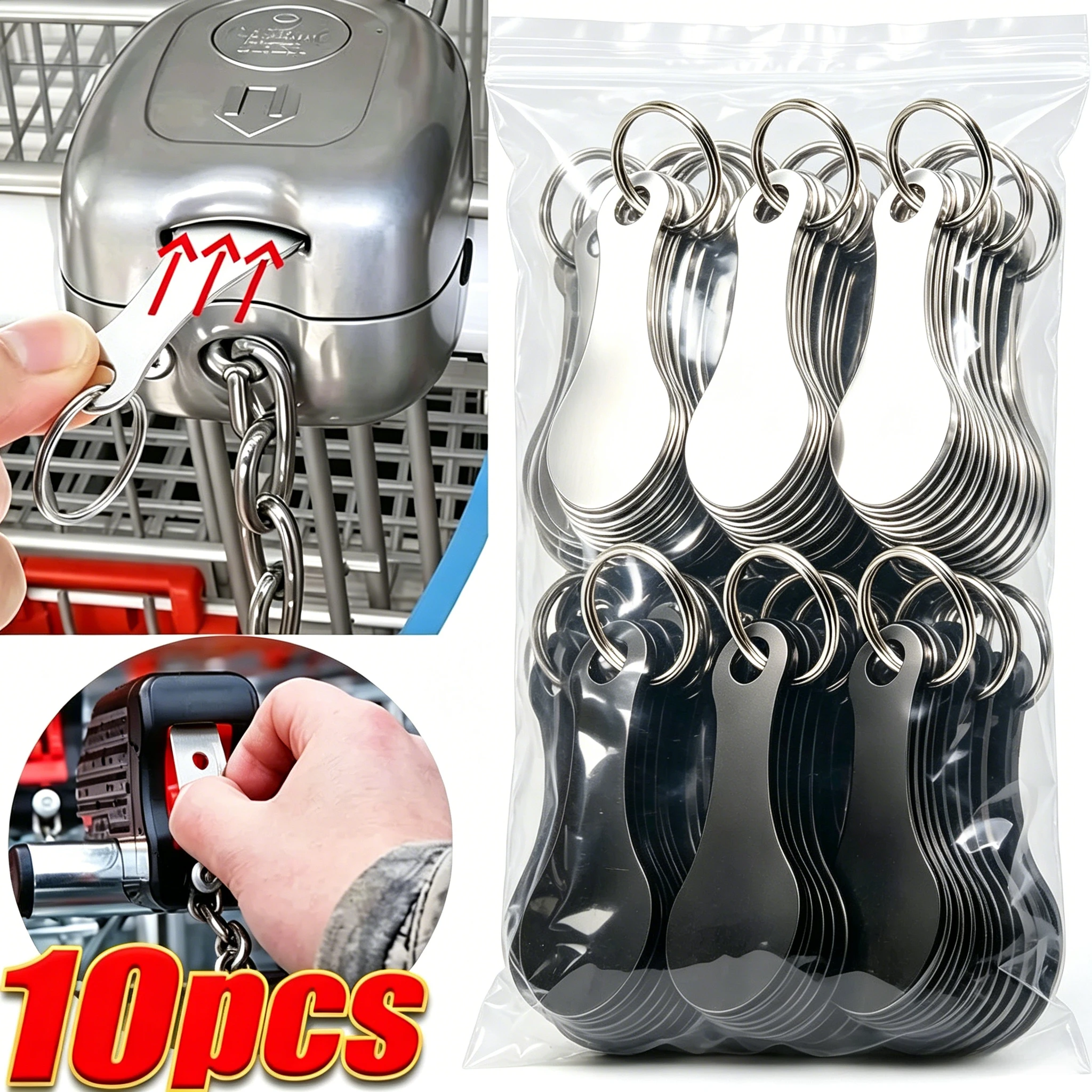 10 Pièces Jetons de chariot de courses multifonctionnels en métal, porte-clés décoratif pour la maison et l'extérieur