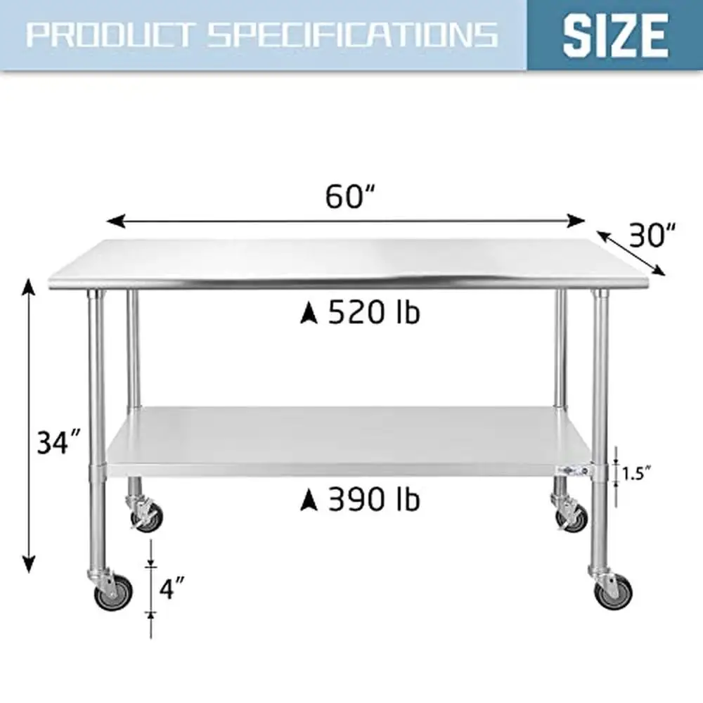 Stainless Steel Work Table with Undershelf & Casters 30x60 Inch NSF Commercial Heavy Duty Adjustable Feet Large Storage Kitchen