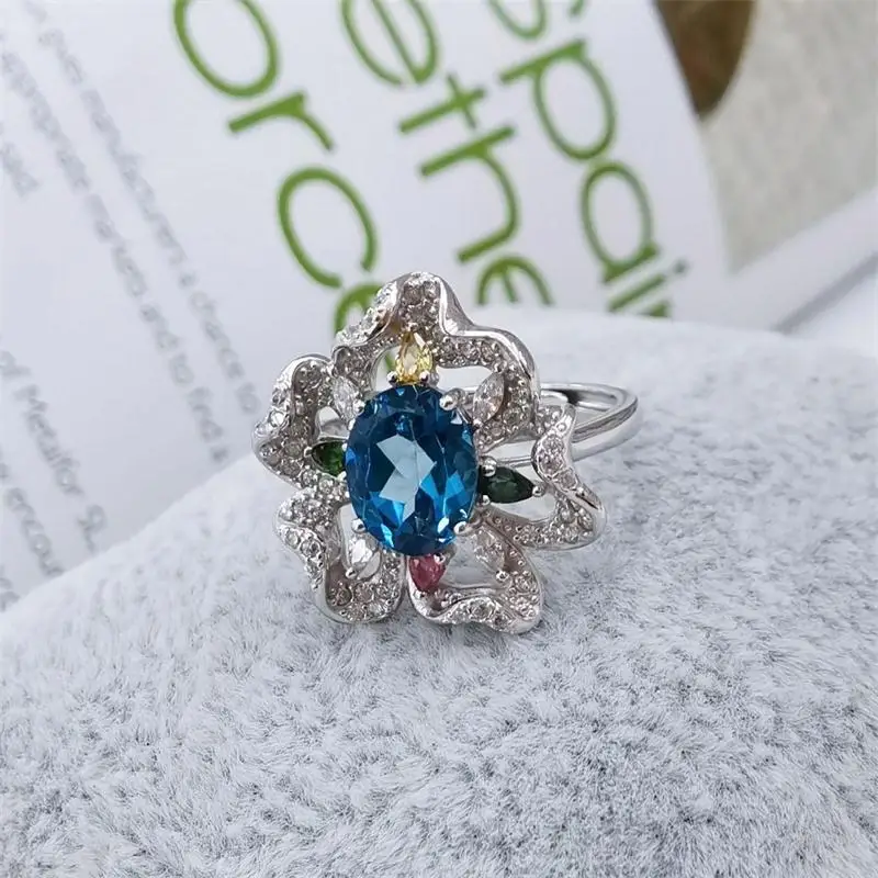 ZECAA perhiasan mewah cincin Topaz wanita dengan batu permata Topaz biru London alami 7*9mm cincin Topas wanita perak hadiah wanita terbaik