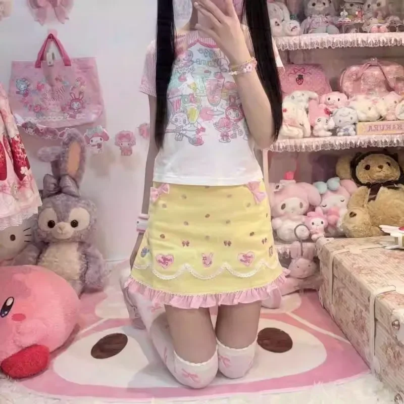 Girls Kawaii Aesthetic Ruffle Skirt Women Sweet Cute Bow Cartoon Rabbit Embroidery Mini Cake Skirts Japanese Kawaii Lolita Skirt