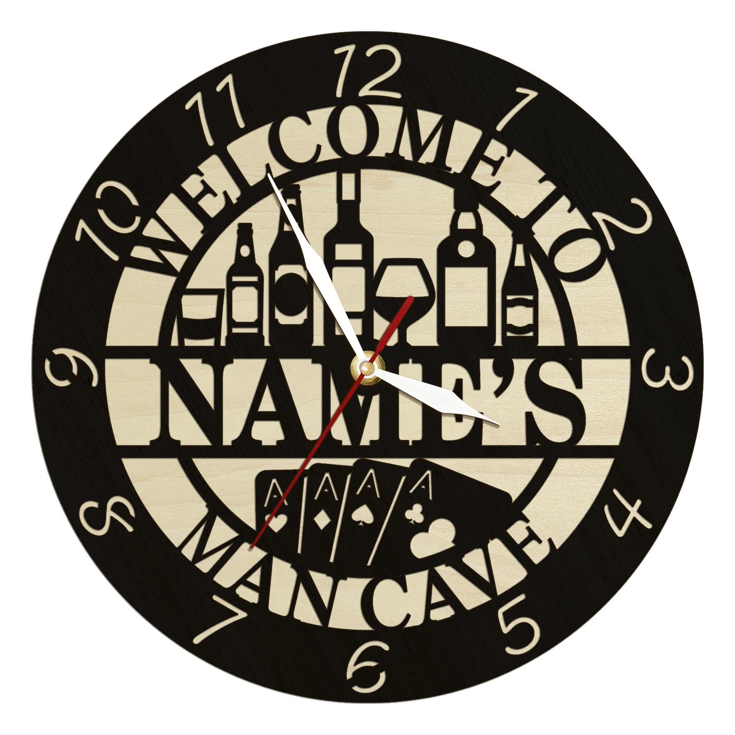 

Персонализированные настенные часы для бара, паба, черные деревянные настенные часы, декор для кухни, столовой, человек, пещера, знак вина, настенные часы на заказ, подарок для бармена