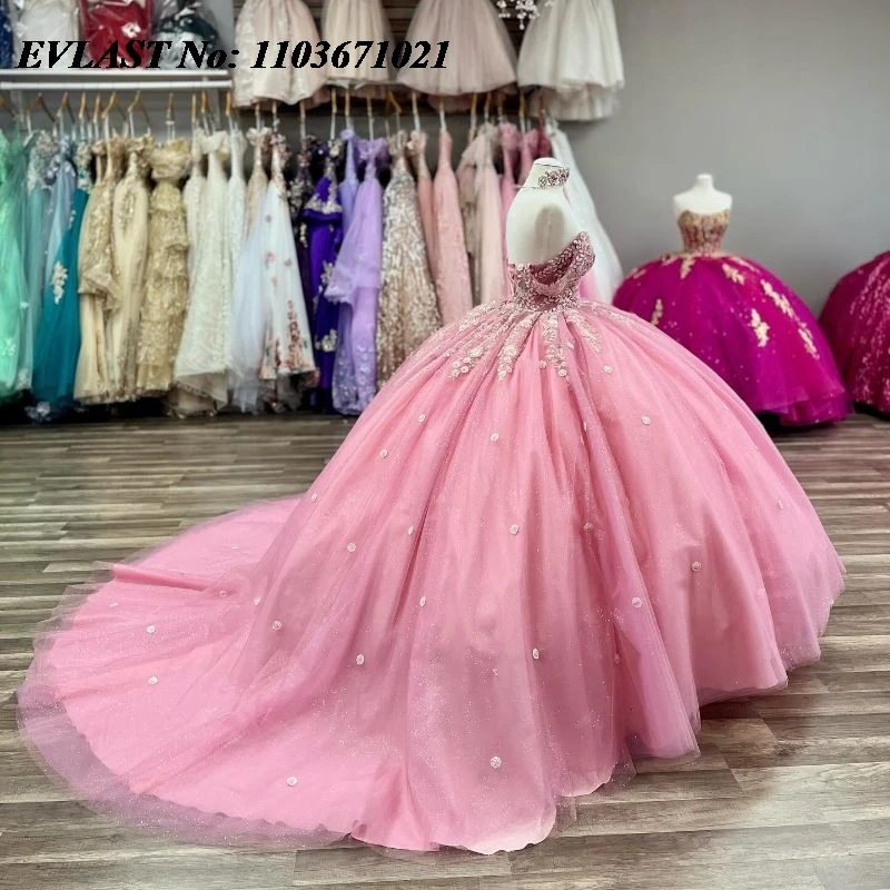 EVLAST-Vestido Quinceanera Rosa Brilhante, Vestido De Baile, Lace Applique, Beading Cristal, Espartilho Mexicano, Sweet 16, SQ208, 15 Anos