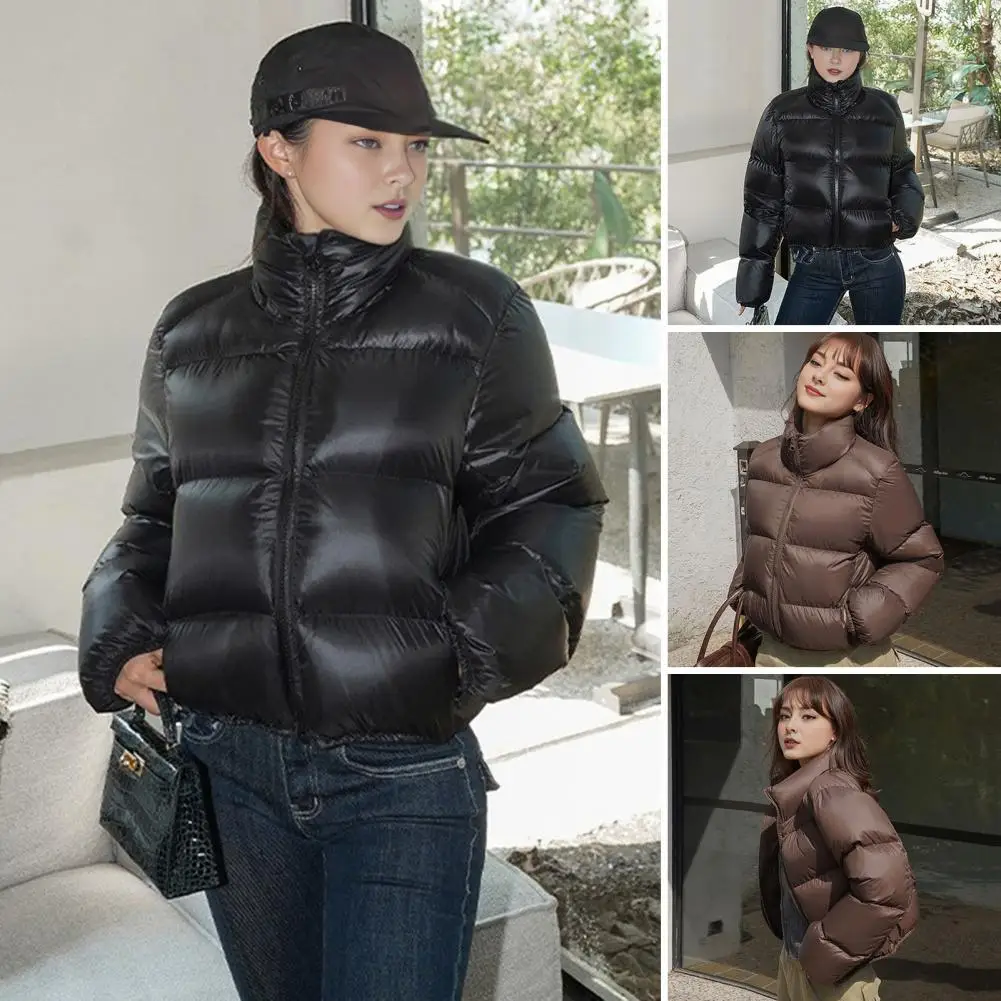 Winter Women Down Coat Thickened Padded Stand Collar Neck Outwear Zipper Pockets Zip up Heat Retention Cotton Jack