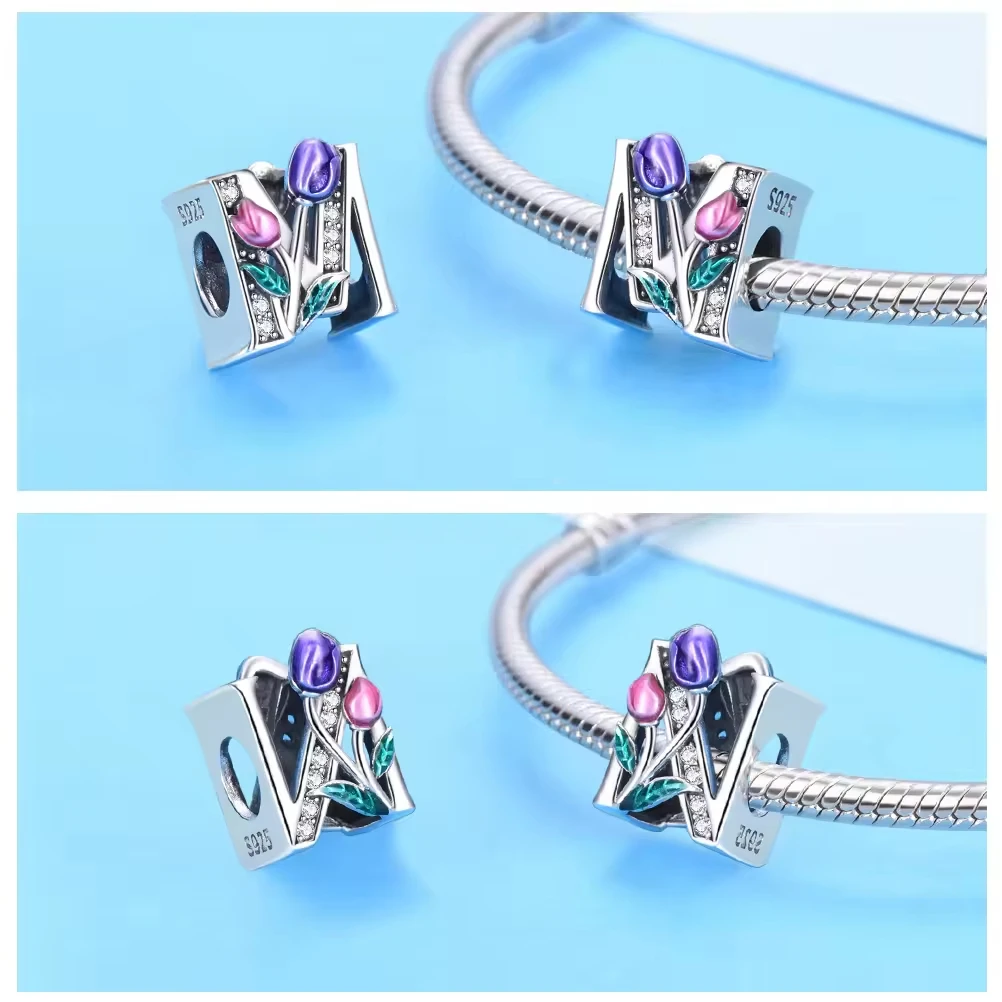 PANQDIY Pandorai-Buchstabenanhänger aus 925er-Sterlingsilber, Tulpenblüten-Charm, A-Z-Buchstabenanhänger für DIY-Armband, Schmuckherstellung