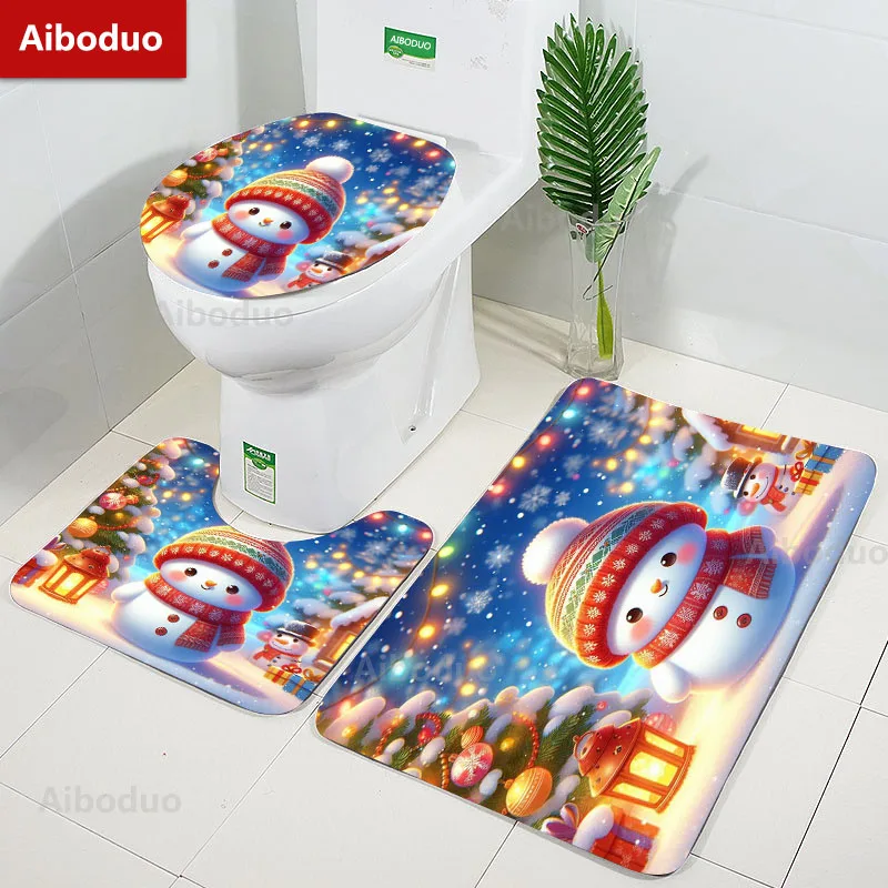 

Cartoon Cutie Christmas Snowman Bathroom 3Pcs/set Mats Home Flannel Decoration Accessories Floor Rug Toilet Cover 40*60/50*80 CM