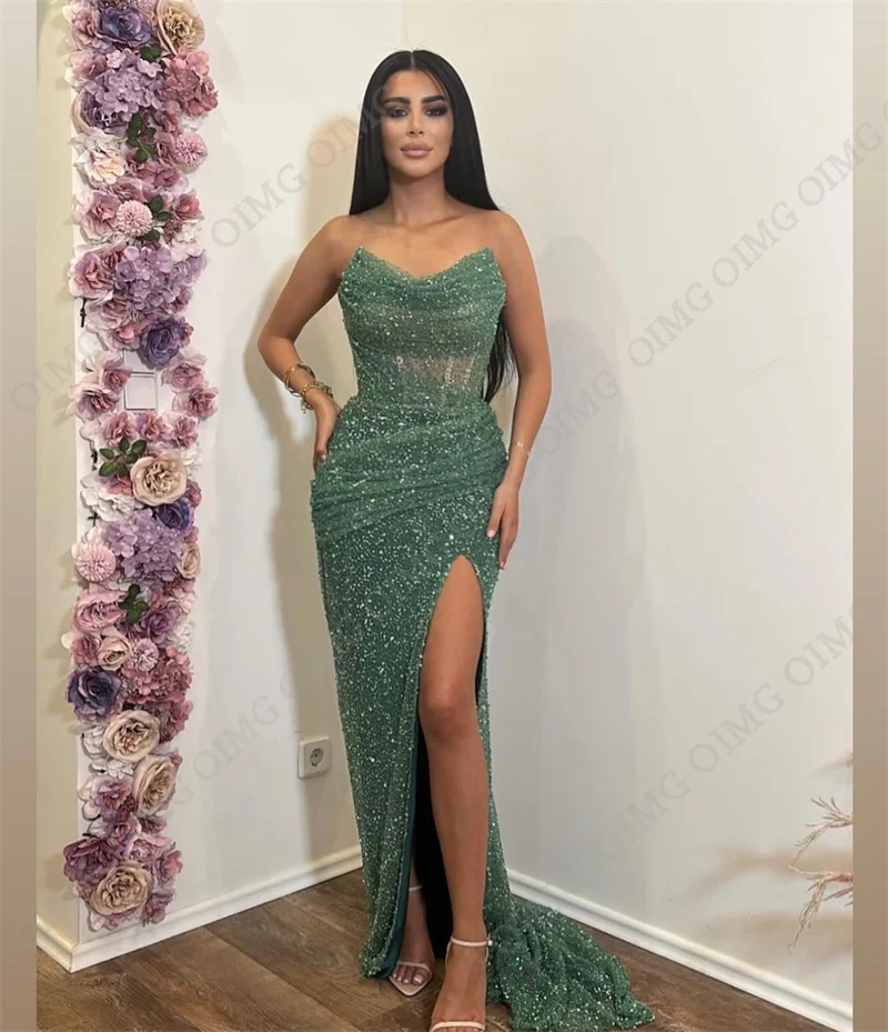 OIMG Elegant Side Slit Evening Dresses 2024 Strapless Glitter Sequin Formal Party Dress Sexy Shiny Prom Gowns For Women