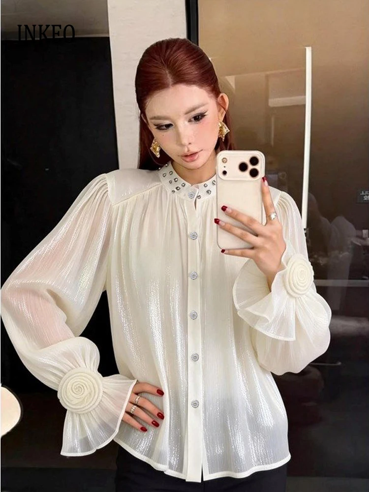 

Luxury glossy blouse women's Oversize 2026 Spring Fashion Rhinestone beading O-neck shirt Ladies Long sleeve tops INKEO 6T011