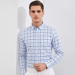 Camisa Oxford a cuadros de manga larga con cuello de botón para hombre, bolsillo individual, algodón cómodo, ajuste Regular, informal a rayas Shi