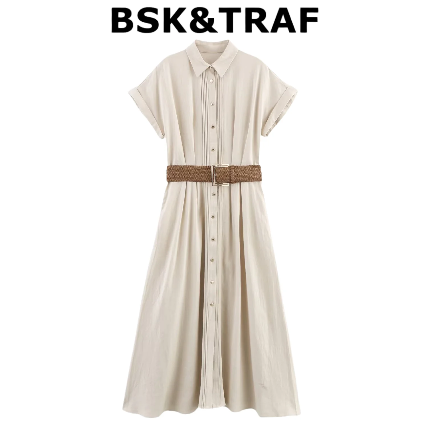 

BSK&TRAF2025 Summer New Arrivals Women's Casual Commuter With Belt Linen Blended Lapel Midi Dress 8372/105