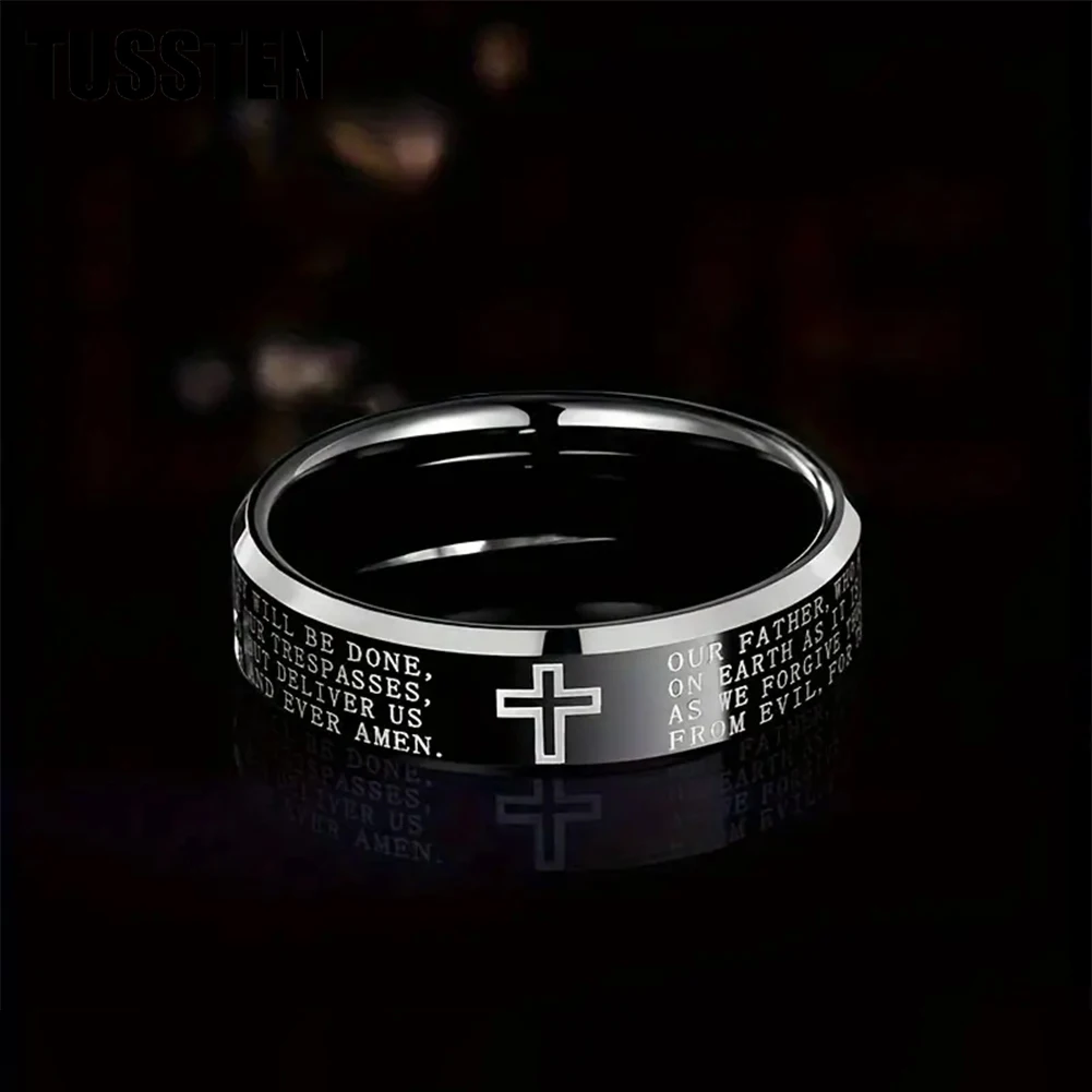 TUSSTEN 6/8MM Tungsten Wedding Band Ring for Men Women Lord's Prayer Cross Ring Beveled Polishing Bible Engraved Rings