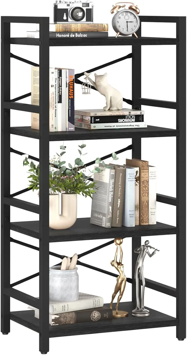 

Yoobure 4 Tier Bookshelf - Small Book Shelf Industrial Bookcase, Narrow Book Case Book Storage Organizer For Cd/Movie/Book,