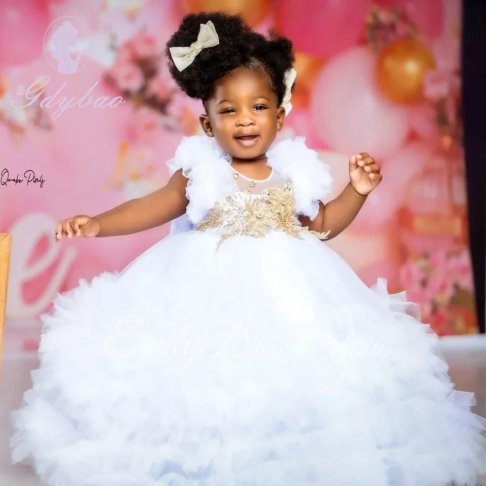 فساتين فتاة الزهور العاجية فستان المسابقة لحفلات الزفاف مزين بطبقات بطول الأرض أنيق لحفلات أعياد الميلاد وحفلات التواصل الأول