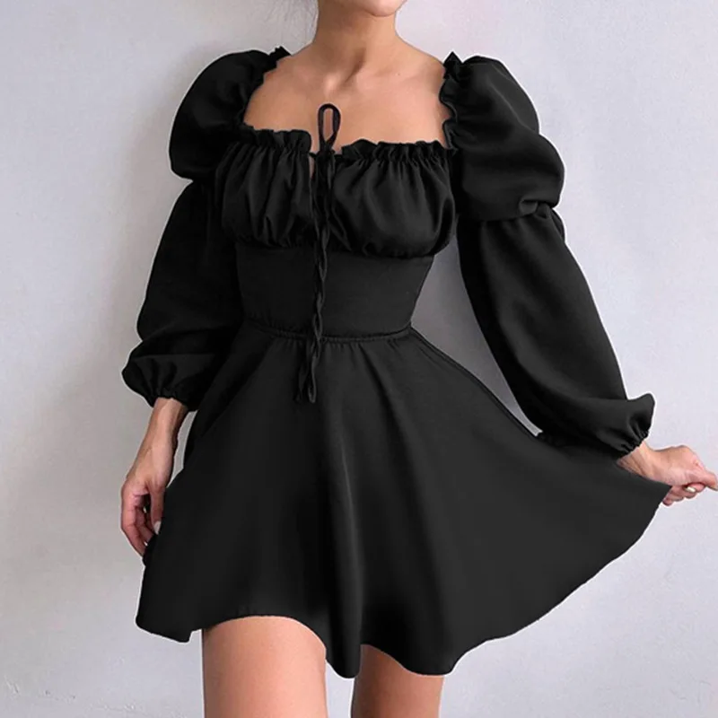 

Autumn New Style Small Fragrance Temperament Slim Fit Backless Strap Lantern Sleeve Waist Cinching Dress