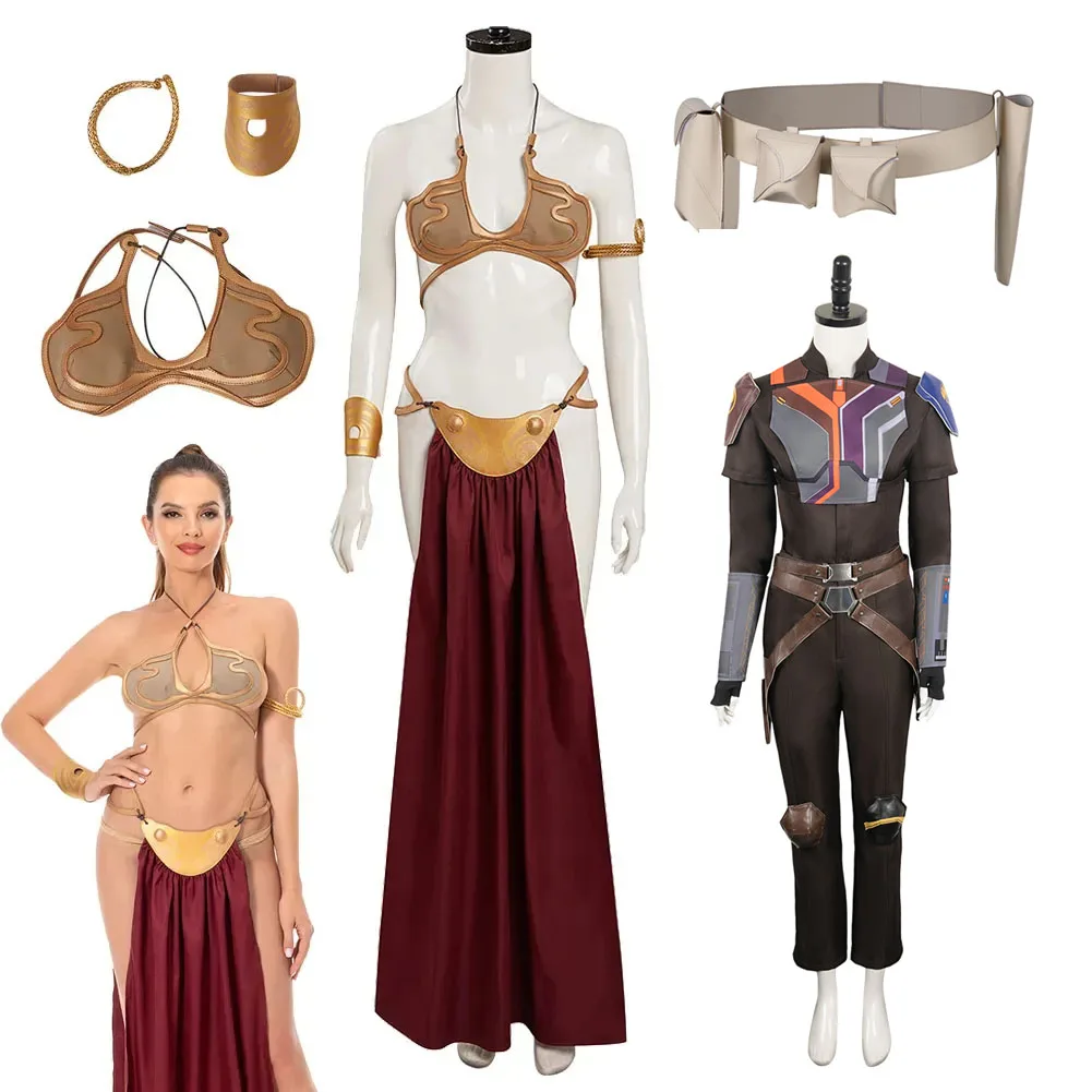 Princess Leia Cosplay Fantasy Sexy Slave Dress Movie Space Battle Costume Disguise Bikini Set Adult Women Girls Roleplay Outfit