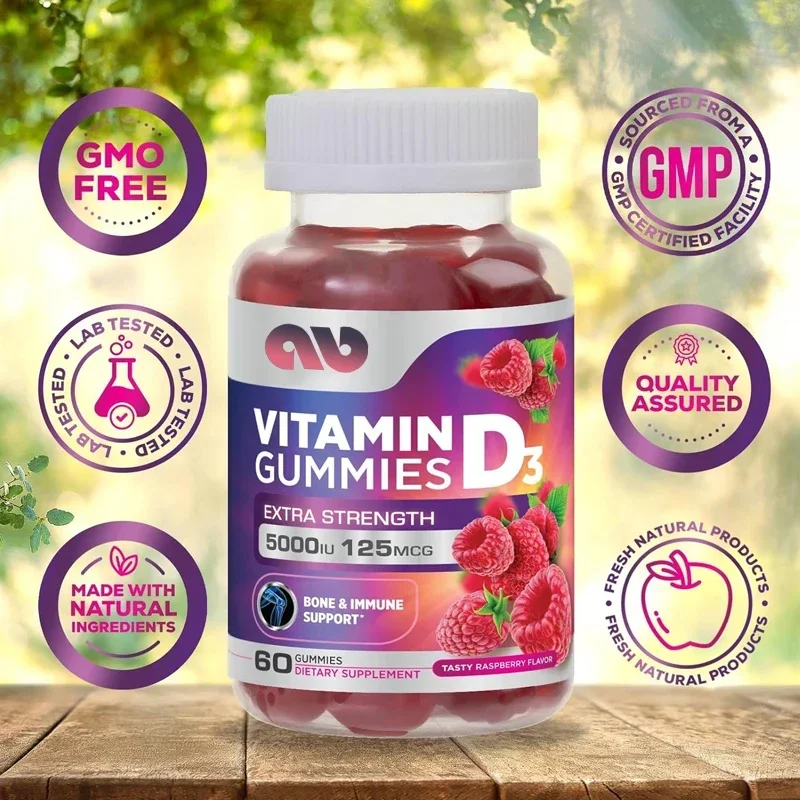 

Super Vitamin D3 gummies 5000 IU (125 mcg), used for bone and immune support, tooth and muscle support, non GMO-60 gummies