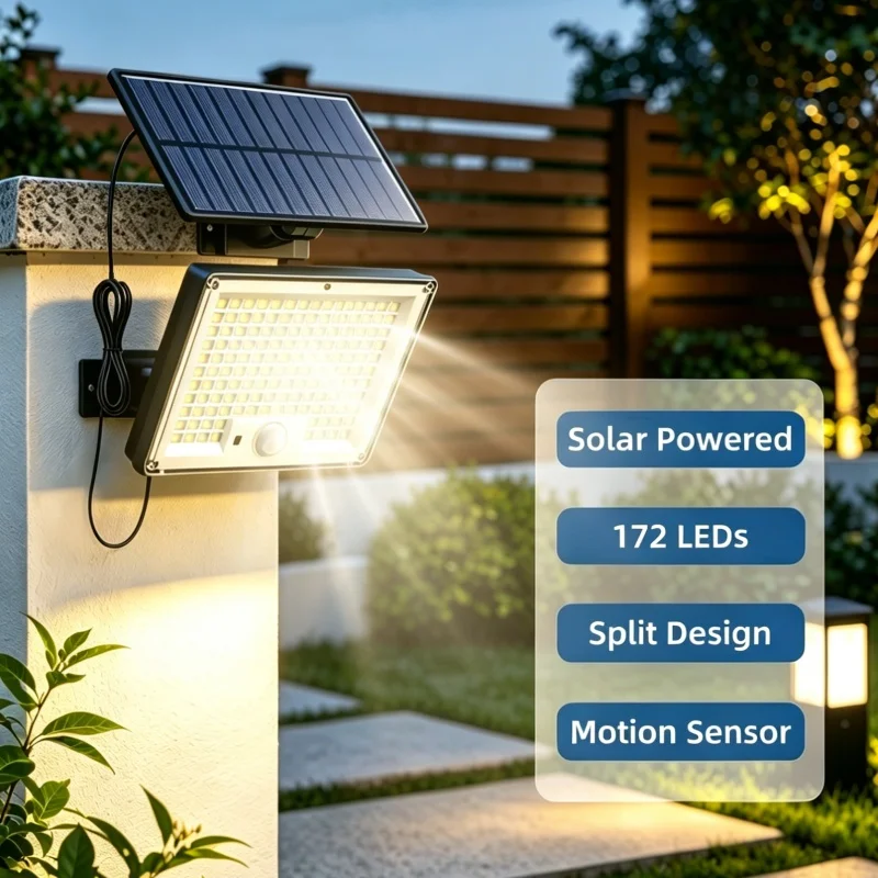 172 LED Solar Flood Light PIR Motion Sensor Dusk to Dawn IP65 Waterproof Warm Light Split Design 16.5ft Cable for Garden Yard